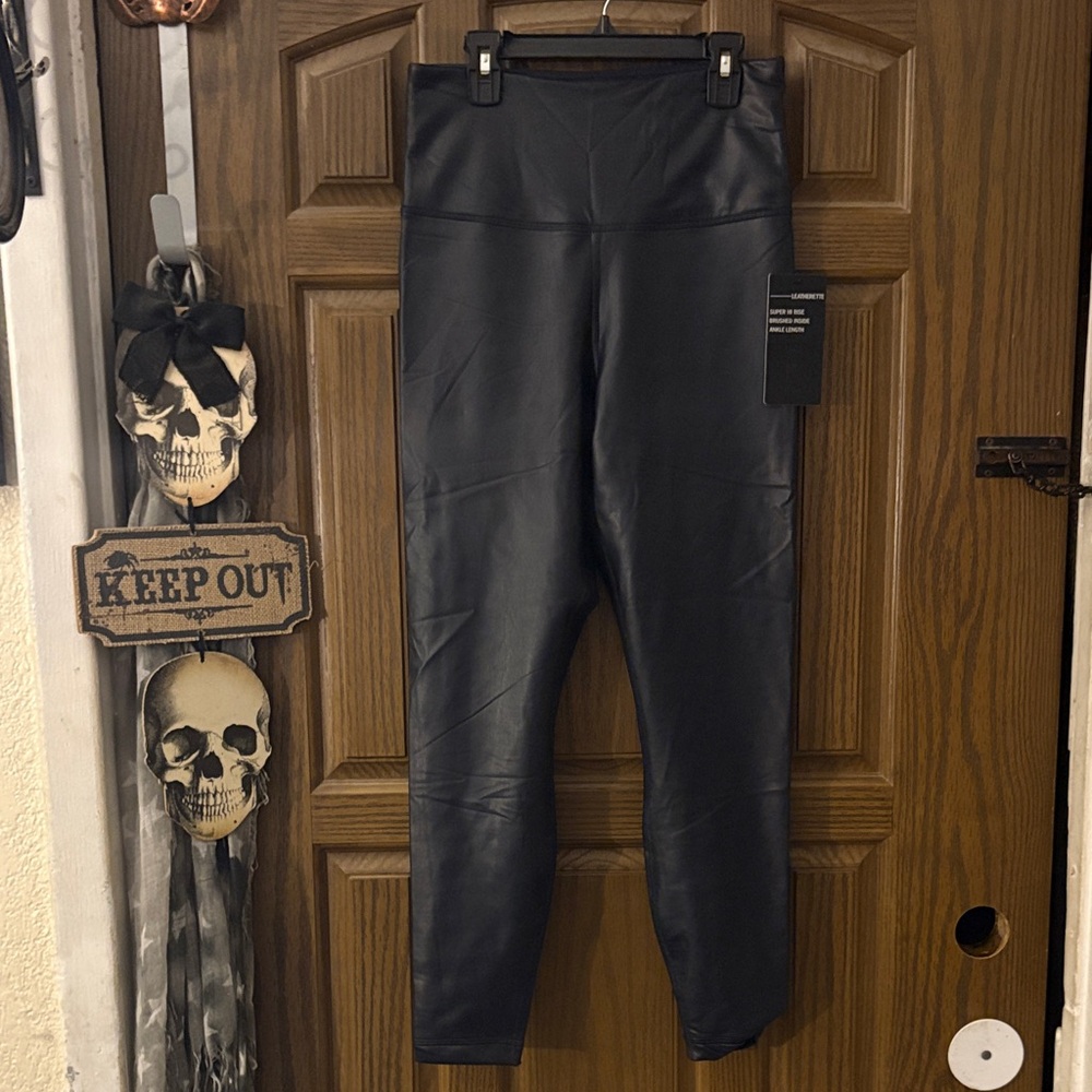 High Waisted Dark Navy Leatherette Leggings - Picture 4 of 7